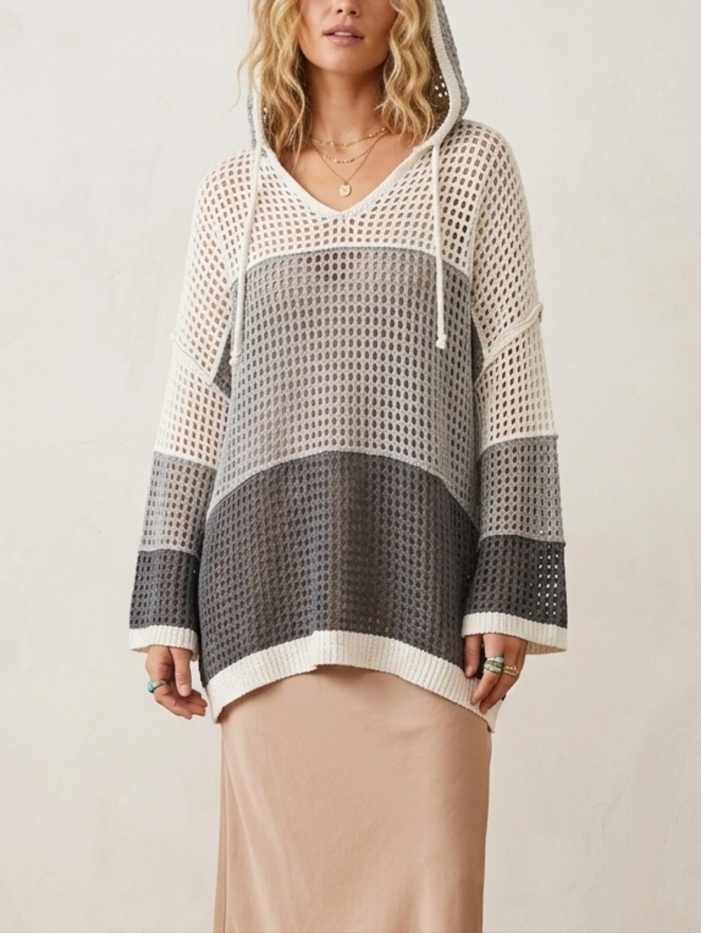 ​POL Boho Open Knit Hooded Beach Coverup Top M - Gray Ombre
